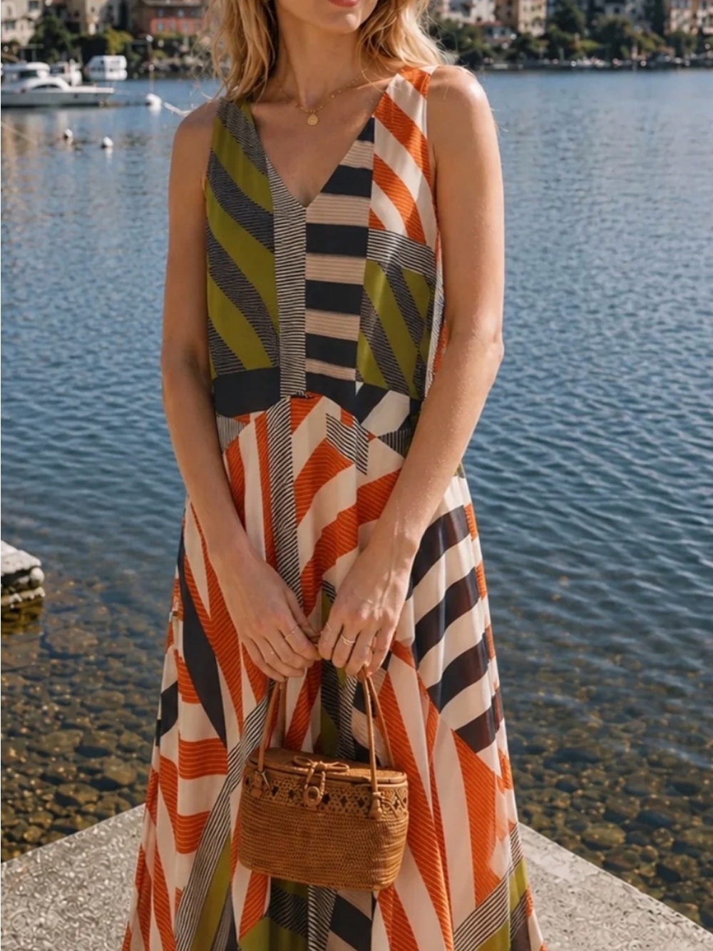 Commense Striped V-Neck Maxi Dress in Orange, Olive & Black